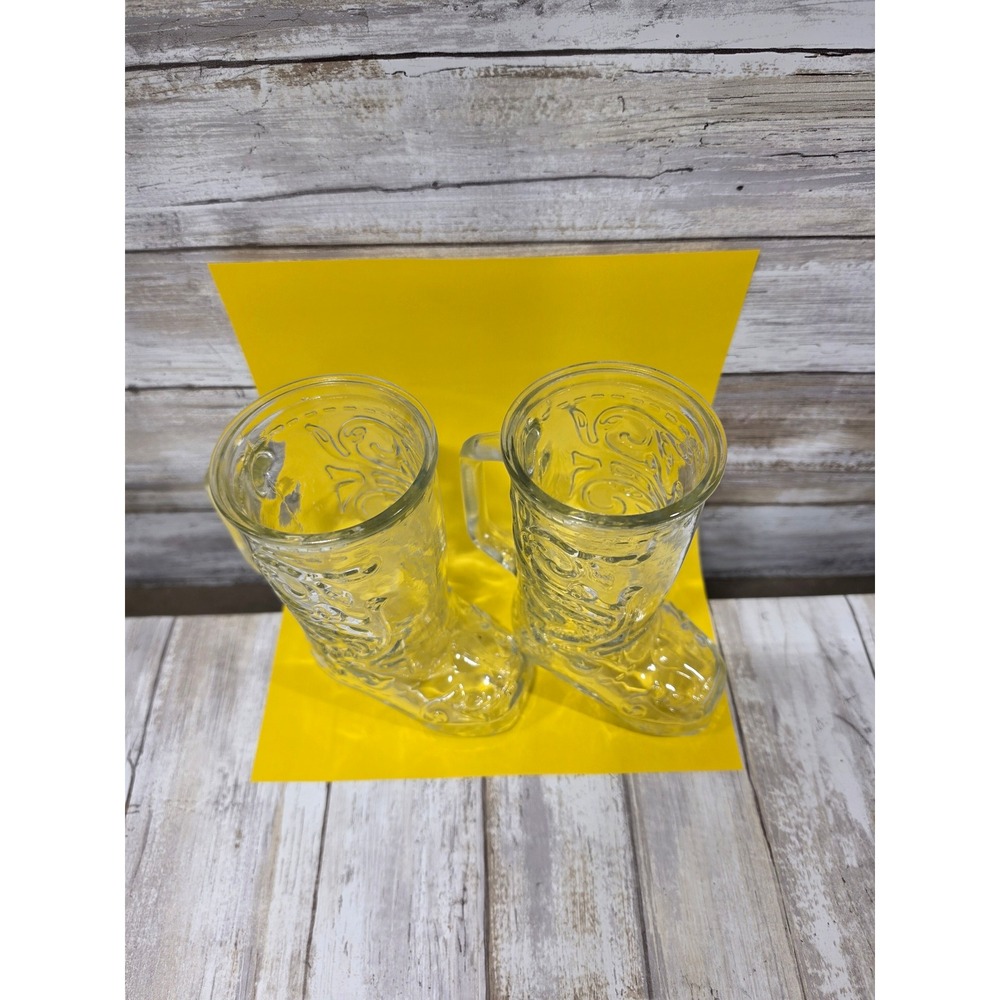Set of 2 Cowboy Boot Glass Mugs Clear Embossed Western Barware - Picture 2 of 7